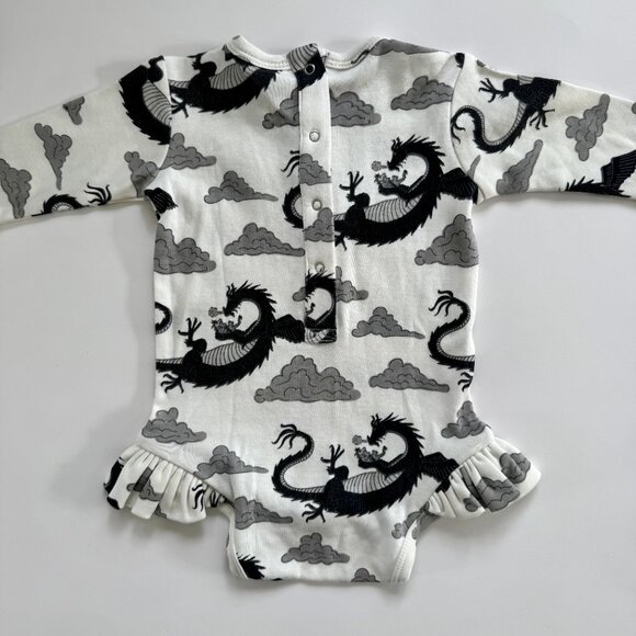 Kate Quinn Ruffle Bodysuit | Long Sleeve Dragon Print | Ivory & Black | 6–12M - Picture 5 of 5
